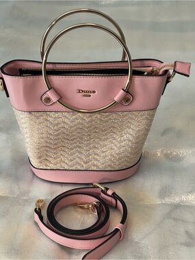 Dune Pink Woven Crossbody Bucket Bag with Gold Ring Handles